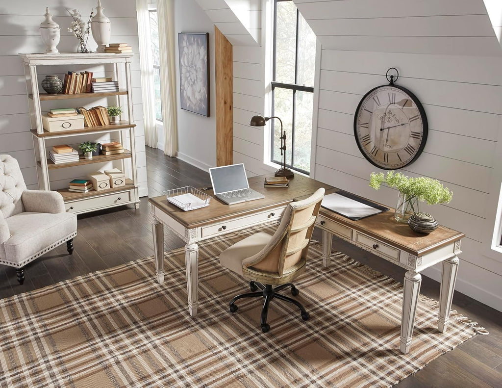 Signature Design by Ashley Realyn Farmhouse Home Office Desk, 2 Drawers, Drop-down Drawer, USB Charging, Wood, 60" W x 28" D x 31" H, Chipped White and Brown