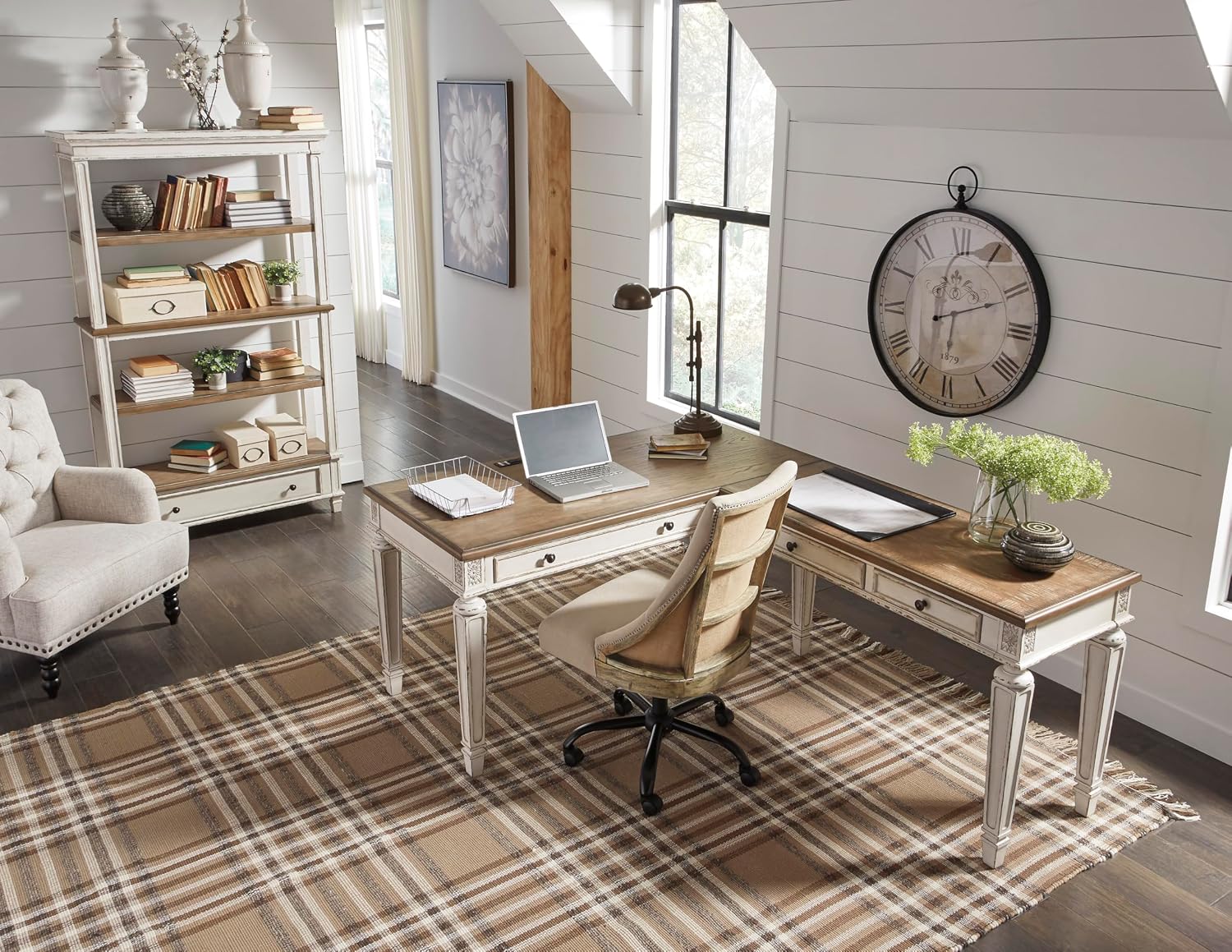 Signature Design by Ashley Realyn Farmhouse Home Office Desk, 2 Drawers, Drop-down Drawer, USB Charging, Wood, 60" W x 28" D x 31" H, Chipped White and Brown
