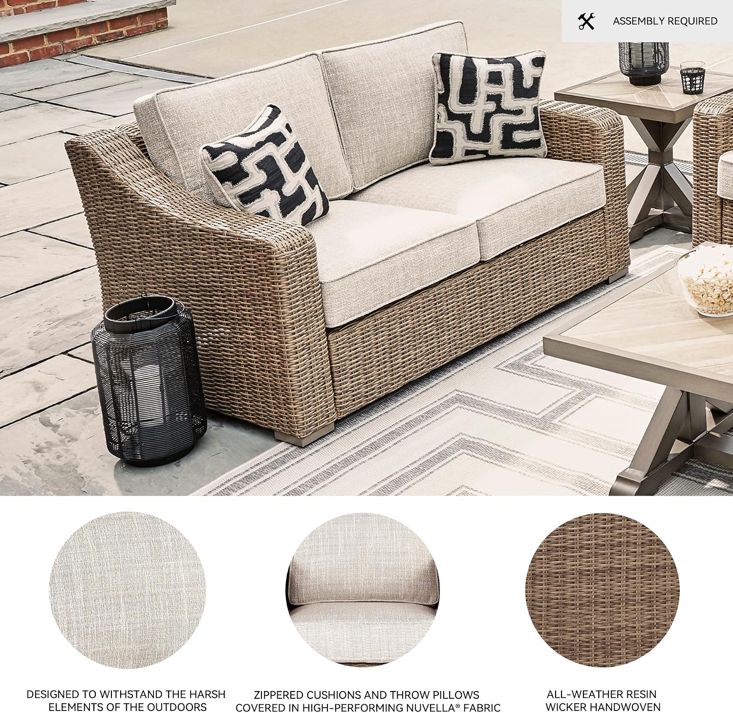 Signature Design by Ashley Beachcroft Outdoor Loveseat with High-Performance Nuvella Cushions, Resin Wicker on Rust-Resistant Aluminum Frame for Patio Seating, Beige