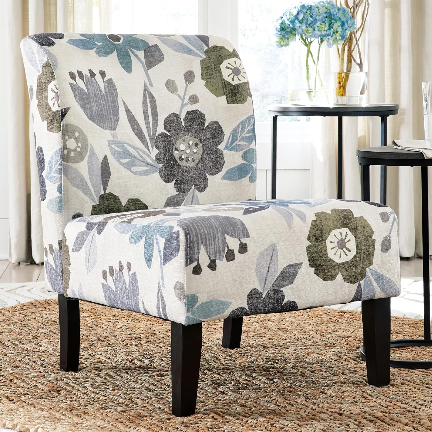 Signature Design by Ashley Triptis Floral Armless Accent Chair with Attached Cushions, Fabric Upholstery, Wood Legs, 16.63" Seat Height, White, Blue & Gray