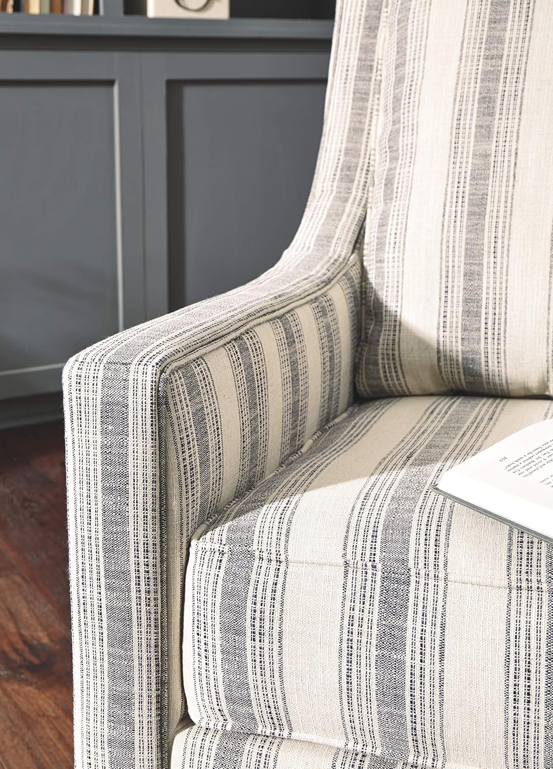 Signature Design by Ashley Swivel Glider Accent Chair Kambria, No Assembly Required, Polyester Linen Fabric, for Living Room, Ivory and Black Stripe, 30" W