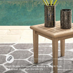 Signature Design by Ashley Gerianne Outdoor Square End Table with Slatting Styling and 5-Step Finishing Process, Eucalyptus Wood Frame, 22" High, Grayish Brown