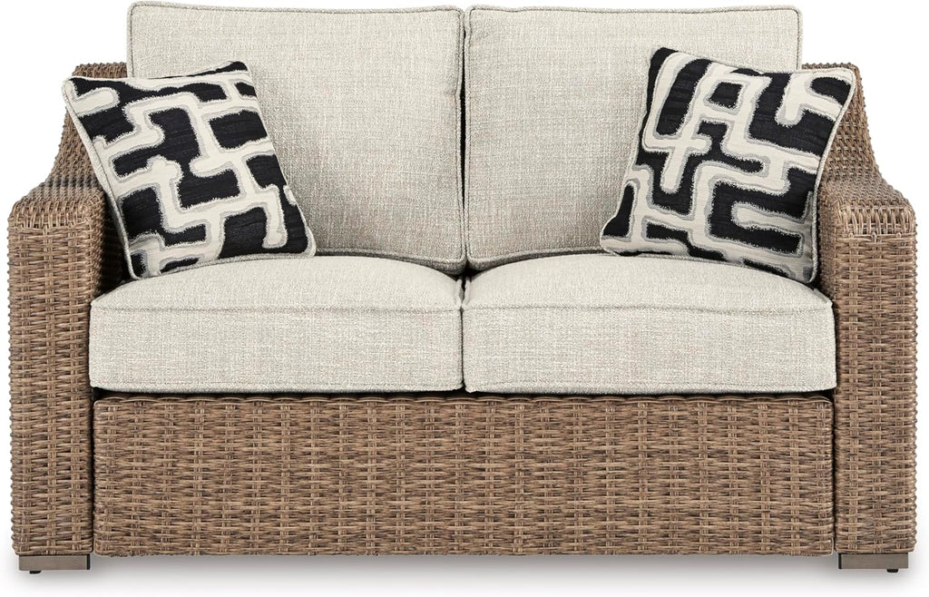 Signature Design by Ashley Beachcroft Outdoor Loveseat with High-Performance Nuvella Cushions, Resin Wicker on Rust-Resistant Aluminum Frame for Patio Seating, Beige