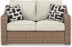 Signature Design by Ashley Beachcroft Outdoor Loveseat with High-Performance Nuvella Cushions, Resin Wicker on Rust-Resistant Aluminum Frame for Patio Seating, Beige