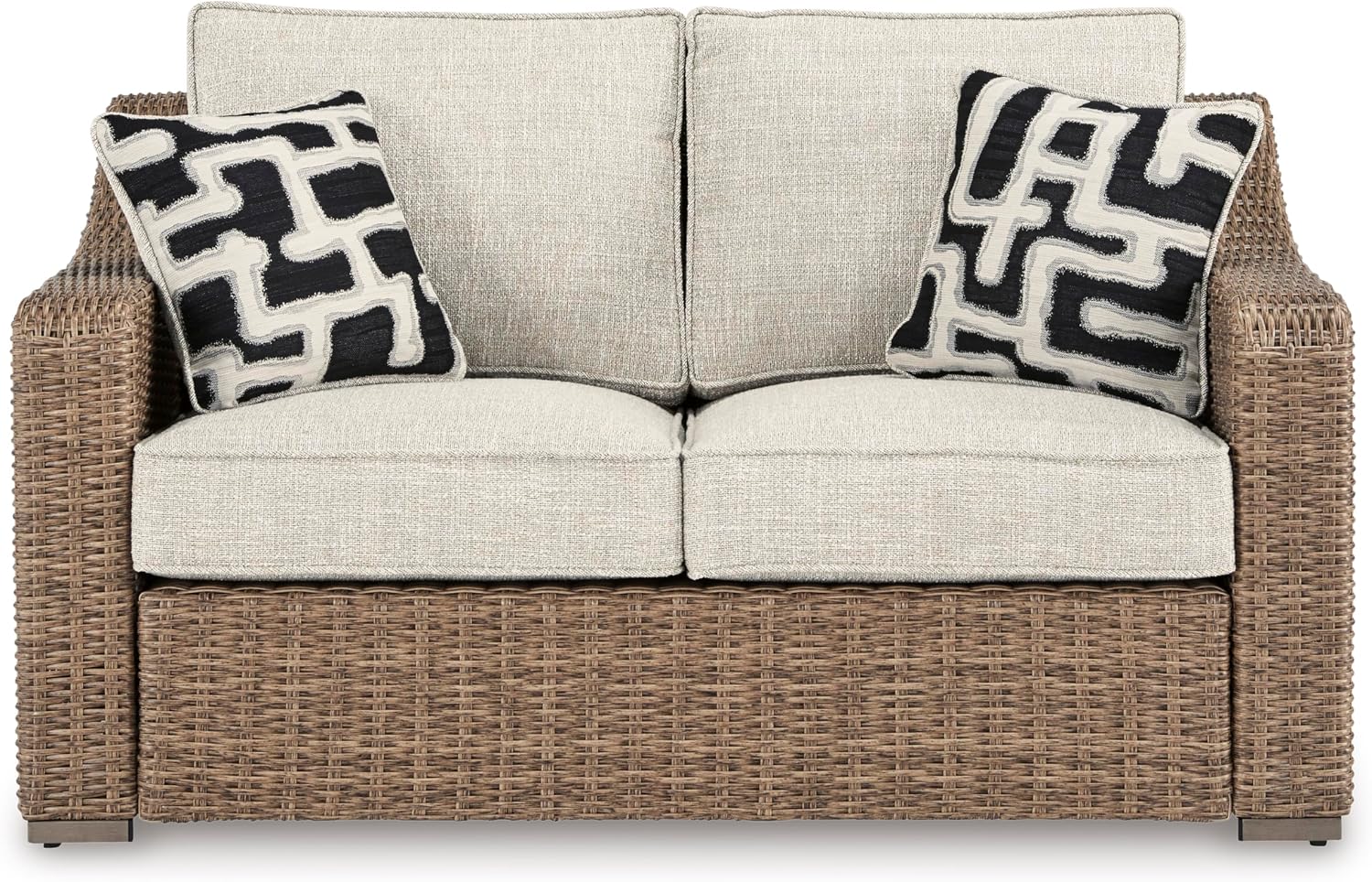 Signature Design by Ashley Beachcroft Outdoor Loveseat with High-Performance Nuvella Cushions, Resin Wicker on Rust-Resistant Aluminum Frame for Patio Seating, Beige