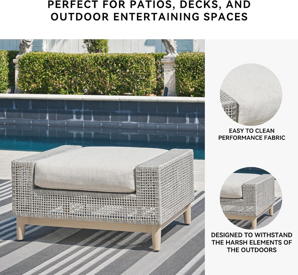 Signature Design by Ashley Aluminum Frame Outdoor Ottoman with Cushion, Seton Creek, High-Performance Nuvella Fabric, Seating for Patio Lounge Areas, Light Gray & Light Brown