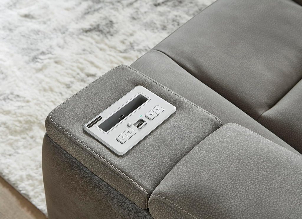 Signature Design by Ashley Next-Gen DuraPella Power Recliner with Adjustable Headrest, Storage Armrests, Wireless & USB Charging, Faux Leather, 2-Tone Gray