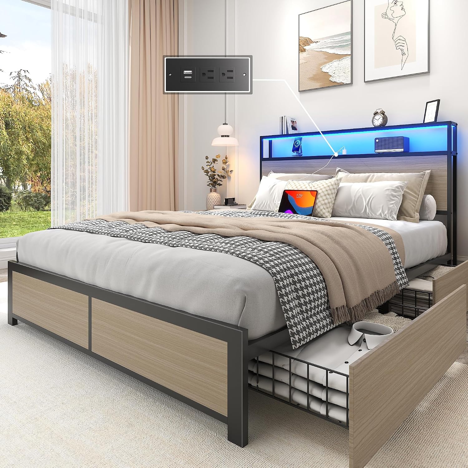 Lifezone Queen Bed Frame with 2-Tier Storage Headboard, Metal Platform Bed Frame with 4 Storage Drawers, Built in Charging Station & LED, Noise-Free/Metal Support/No Box Spring Needed, Vintage Brown