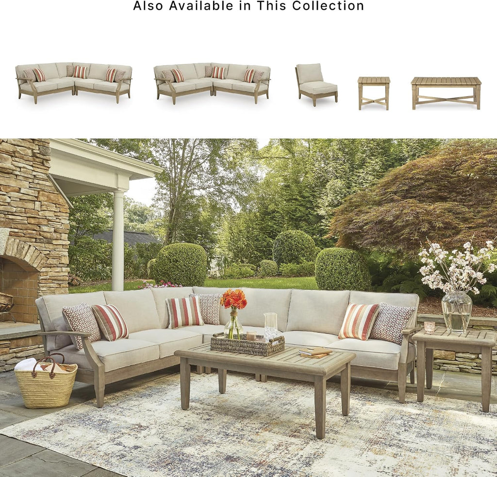 Signature Design by Ashley Clare View Outdoor Sectional, 3-Piece Eucalyptus Wood Couch, Nuvella Performance Fabric Cushions, Contemporary Patio Furniture Set for Deck or Backyard, Beige