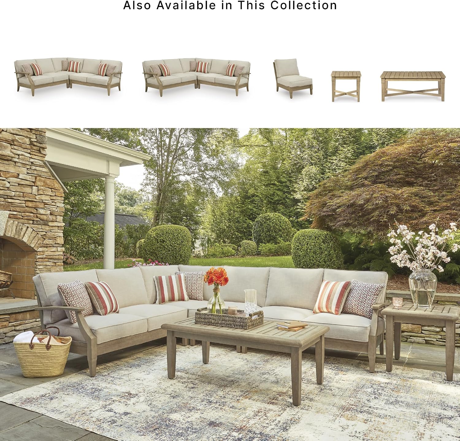 Signature Design by Ashley Clare View Outdoor Sectional, 3-Piece Eucalyptus Wood Couch, Nuvella Performance Fabric Cushions, Contemporary Patio Furniture Set for Deck or Backyard, Beige