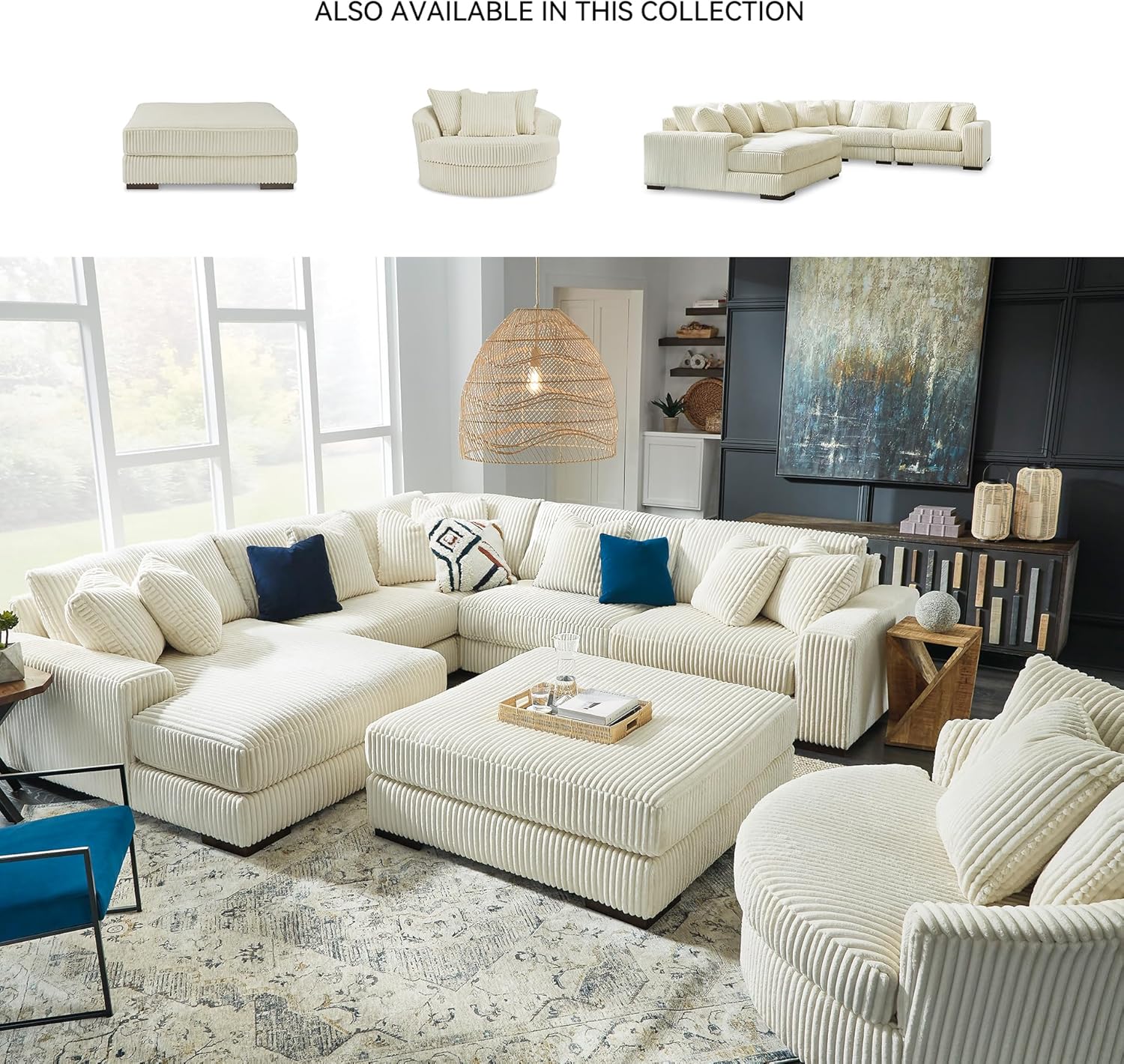 Signature Design by Ashley Lindyn Transitional Oval Tufted Upholstered Oversized Swivel Accent Chair, White
