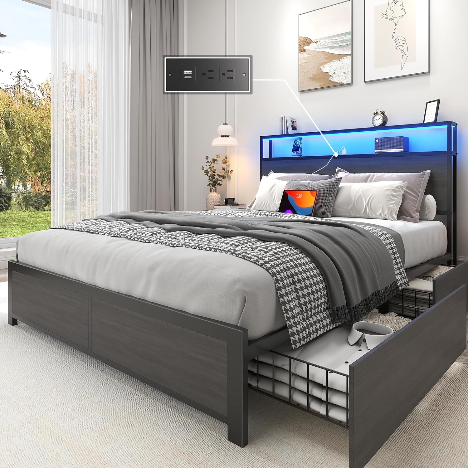 Lifezone Queen Bed Frame with 2-Tier Storage Headboard, Metal Platform Bed Frame with 4 Storage Drawers, Built in Charging Station & LED, Noise-Free/Metal Support/No Box Spring Needed, Vintage Brown
